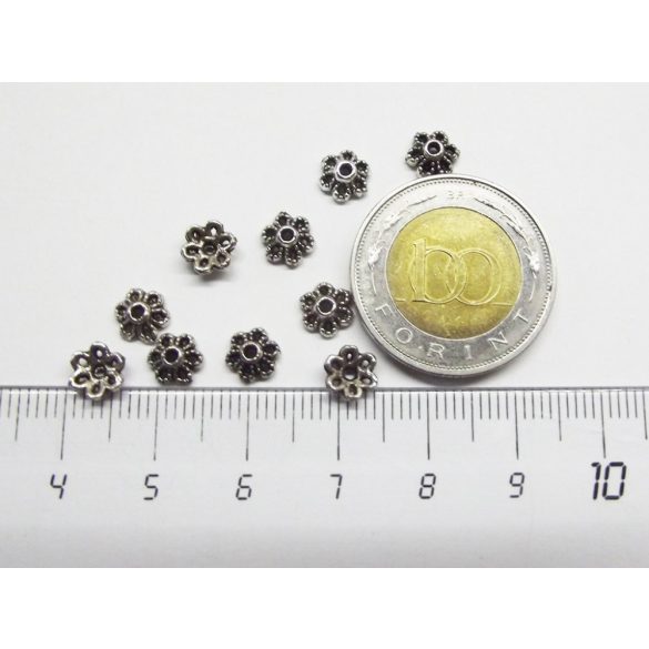 Antik ezüst áttört mintás virág gyöngykupak - 6mm (10db)