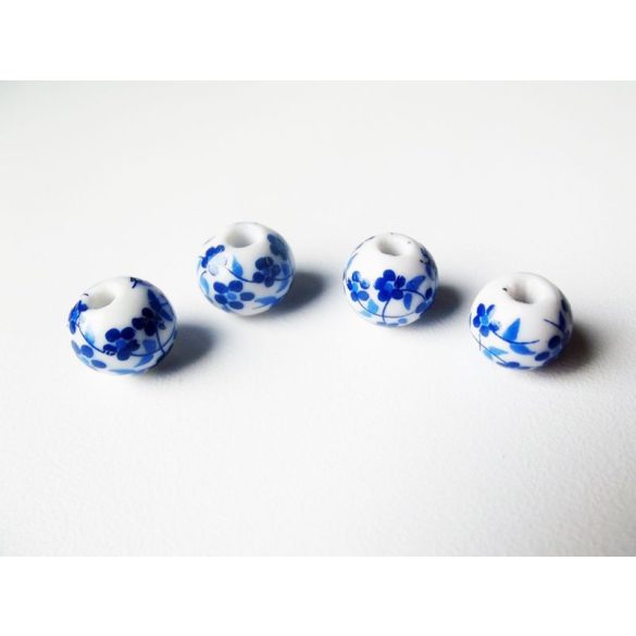 Kék-fehér virágos porcelán gyöngyök - 12mm - 4db