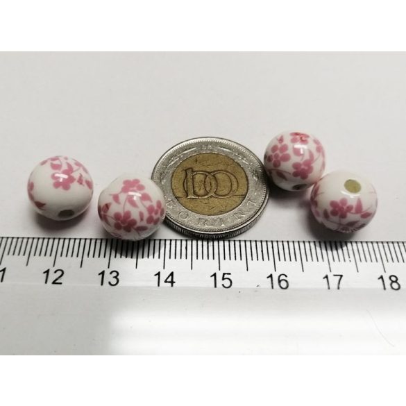 Rózsaszín-fehér virágos porcelán gyöngyök - 12mm - 4db