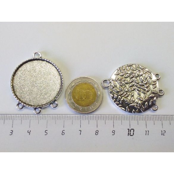 30 mm antik ezüst 1+3 hurkos összekötő medál, levélmintás hátoldallal