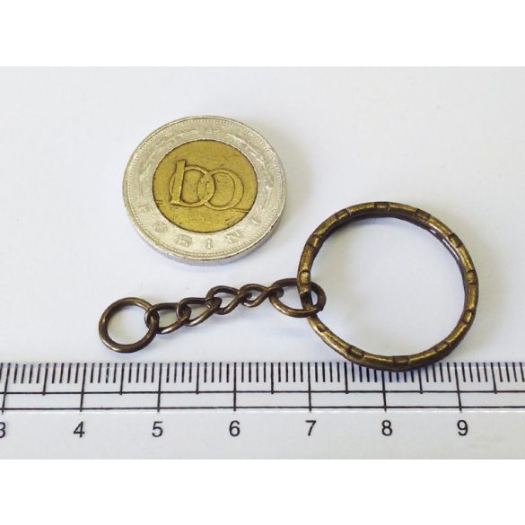 Antik bronz kulcstartó-karika, lánccal (20mm)